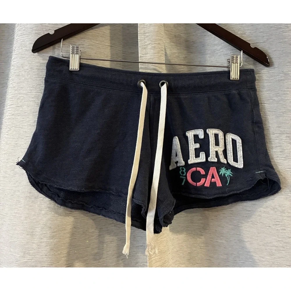 Vintage Y2K‎ Aeropostale Sweat Shorts Womens Medium Blue Graphics Drawstring